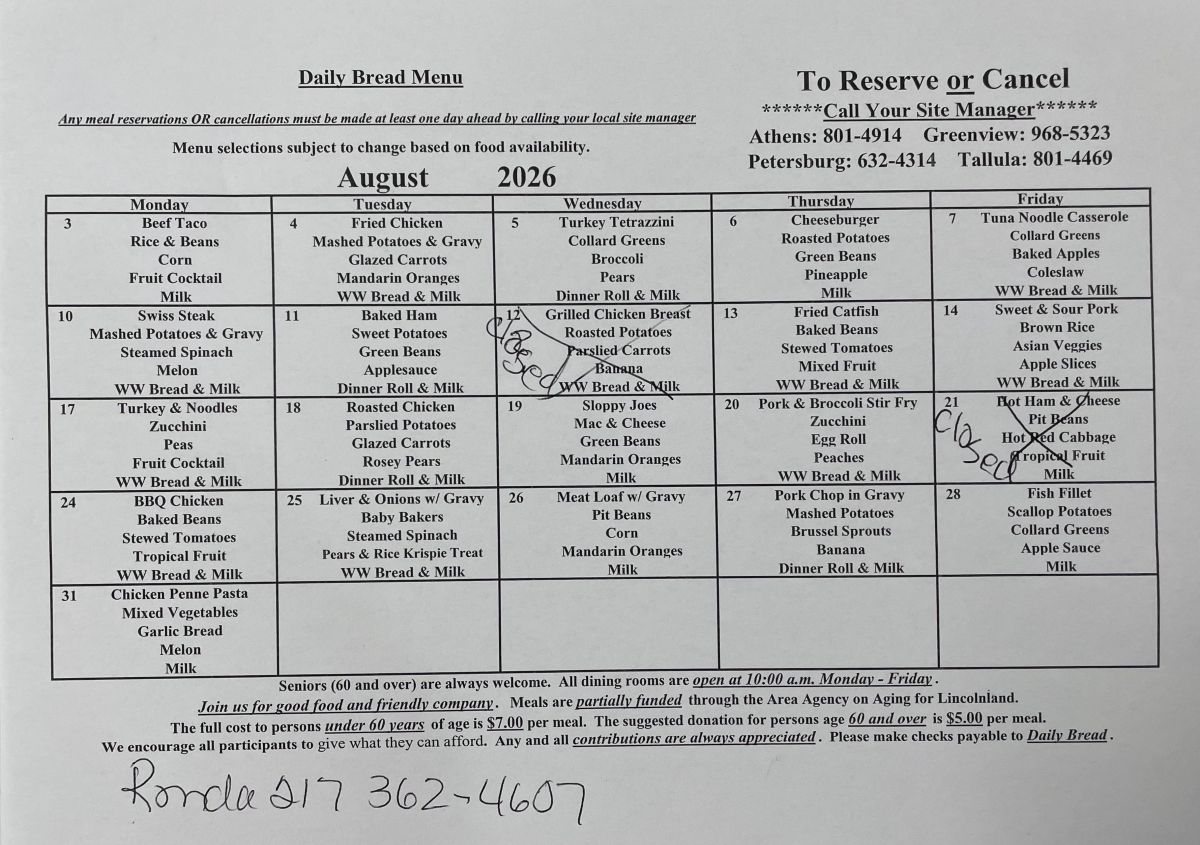 Daily Bread Monthly Menu